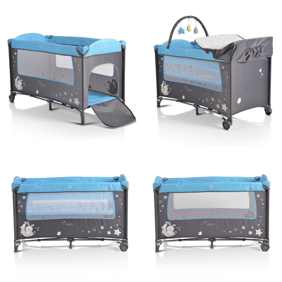REISEBETT Sleepy Rollen grau-blau Wickelauflage, Matratze, Spielbogen, Seiteneingang - Grau, Kunststoff (60/120cm) - Moni