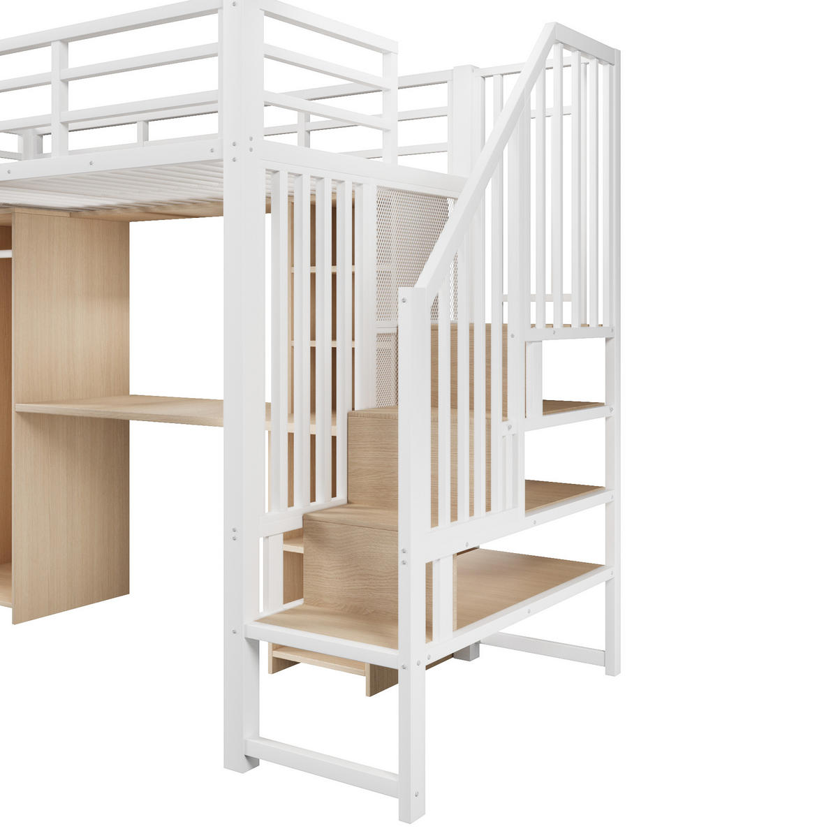 HOCHBETT 90/200 cm DE-04543, mit Kleiderschrank, Schreibtisch und Stauraum-Treppe in Weiß - Weiß, Metall (90/200cm) - ComfortXL