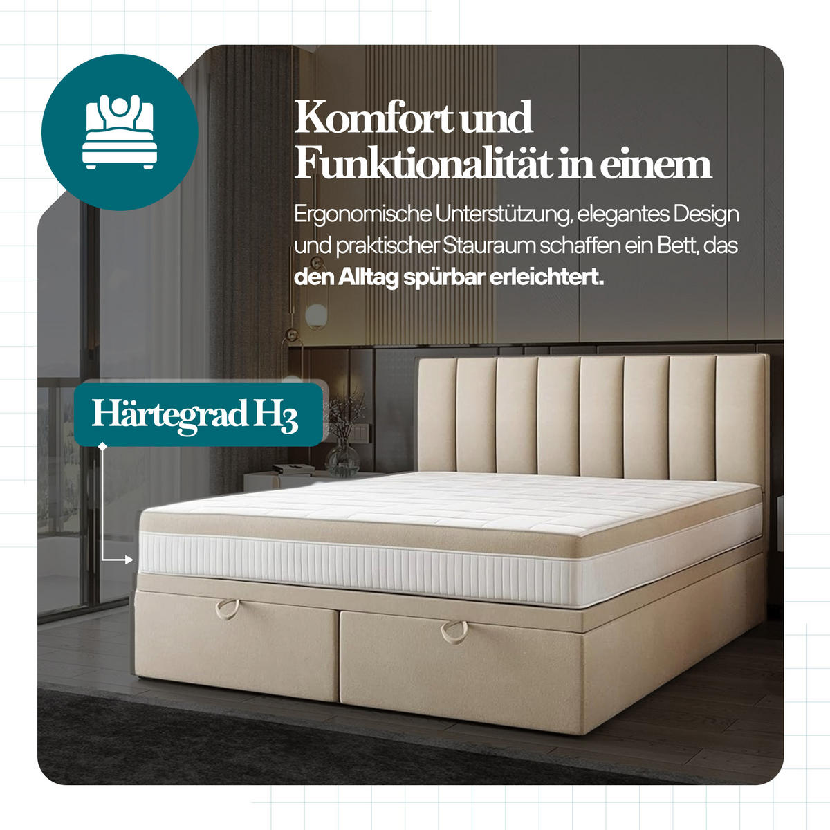 BOXSPRINGBETT BOND - Bett mit Matratze und Bettkasten - mit gestepptes Kopfteil - Schwarz - 140x200 cm - Schwarz, Textil (140/200cm) - Trada