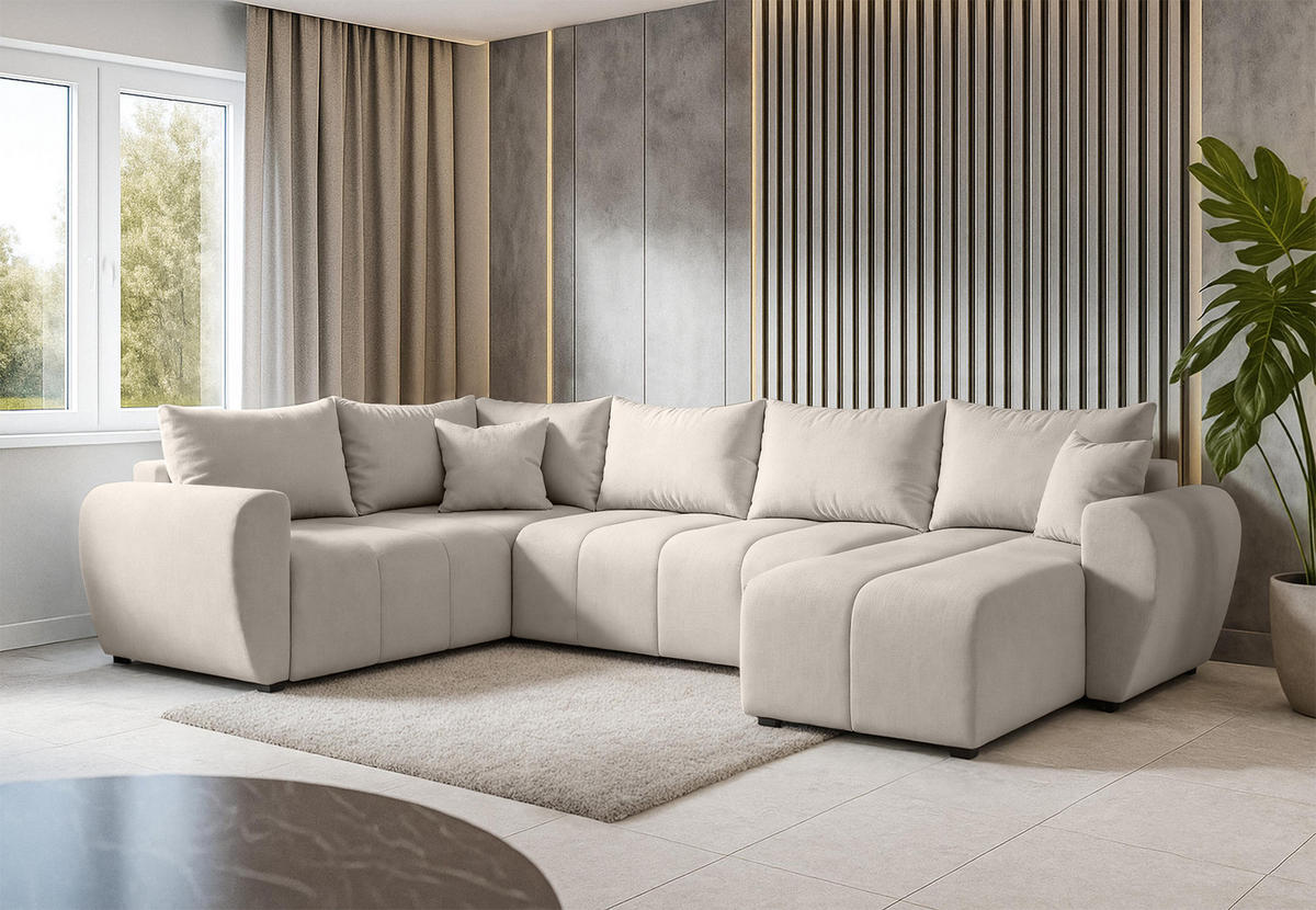 WOHNLANDSCHAFT Malatya U Form MAX Beige 311/145/82 cm mit Schlaffunktion - Beige/Schwarz, Kunststoff/Textil (303/82/208cm) - AX Living