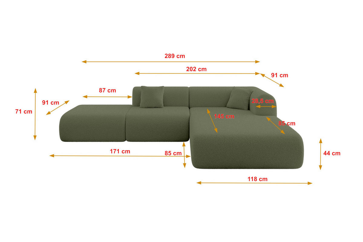 ECKSOFA Ottomane Rechts OVLY-L 289x176x71 Grün Bouclé - Schwarz/Grün, Holzwerkstoff/Kunststoff (289/176cm) - ALTDECOR
