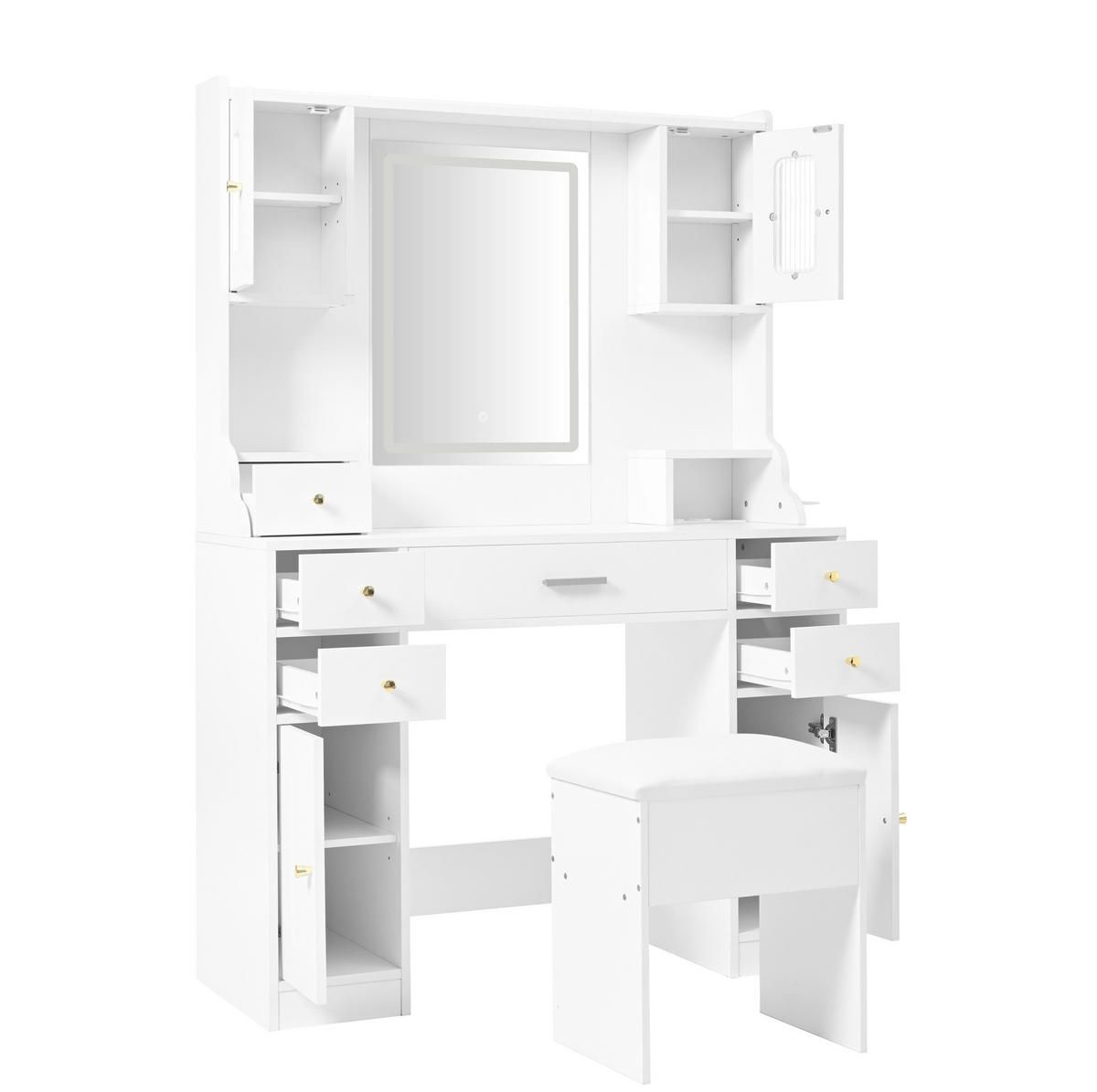 SCHMINKTISCH 105/40/152 cm in Weiß mit LED-Beleuchtung und 6 Schubladen - Weiß, Holzwerkstoff (40/152/105cm) - Flora Grace
