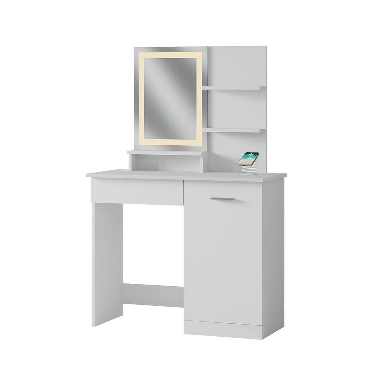 SCHMINKTISCH Julia Weiß 90 cm mit LED-Spiegel und QI-Ladestation - Weiß, Holzwerkstoff (90/137.5/38cm) - Vicco