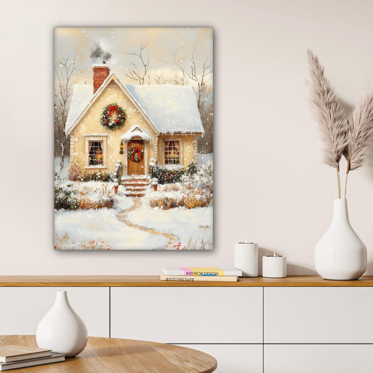 LEINWANDBILD Weihnachten - Zuhause - Winter - Schnee 60x80 cm - Creme, Textil (60/80cm) - MuchoWow