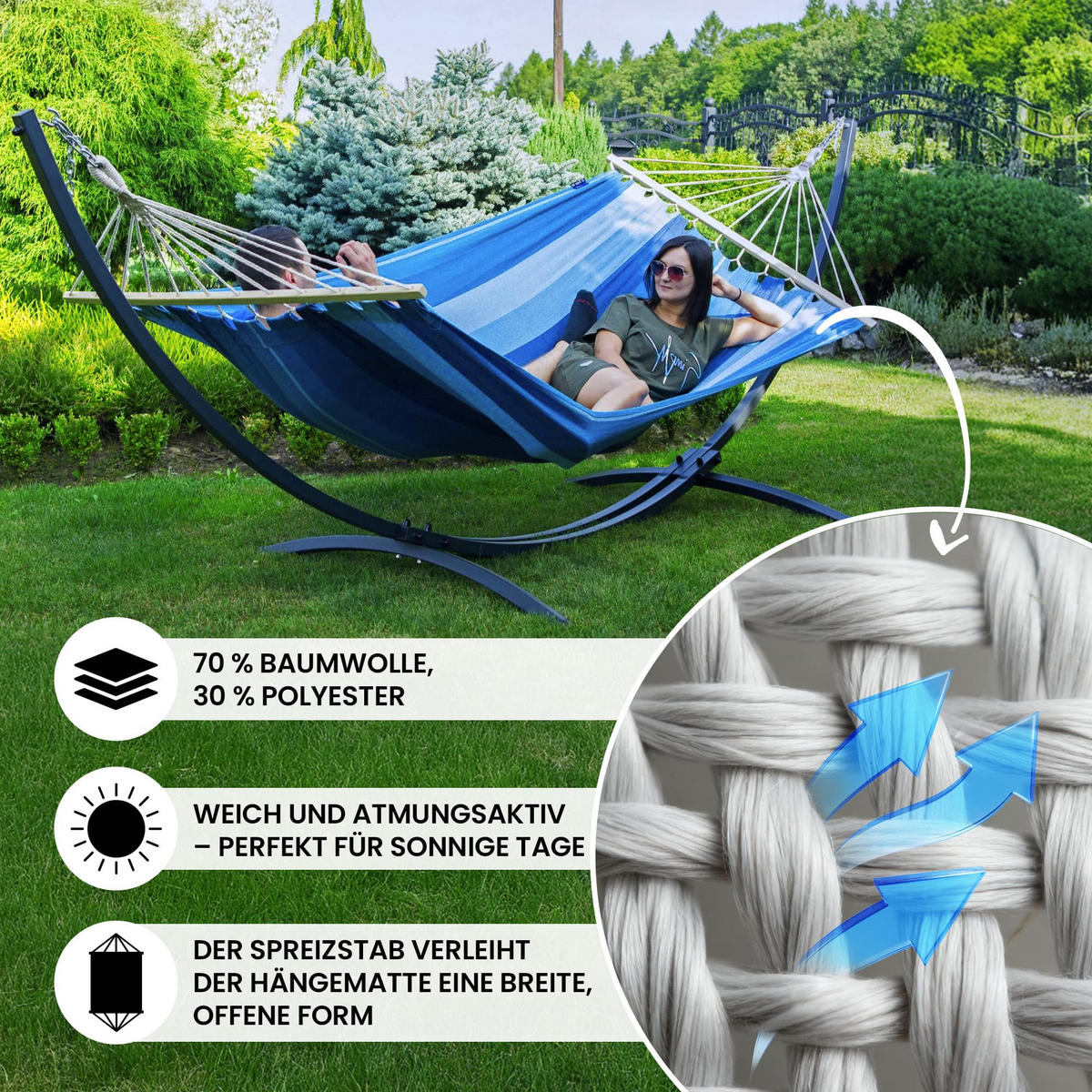 HÄNGEMATTE mit Gestell, 2 Personen, Stabhängematte, XXL, 200 kg, Metall, Braun, einfache Montage - Braun, Metall (370/130/120cm) - Potenza