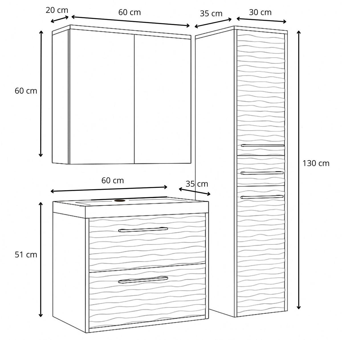 BADMÖBEL-SET Etna 5 Teile Eiche - 60 x 35 x 51 cm - Eichefarben, Holz (60/51/35cm) - Badplaats