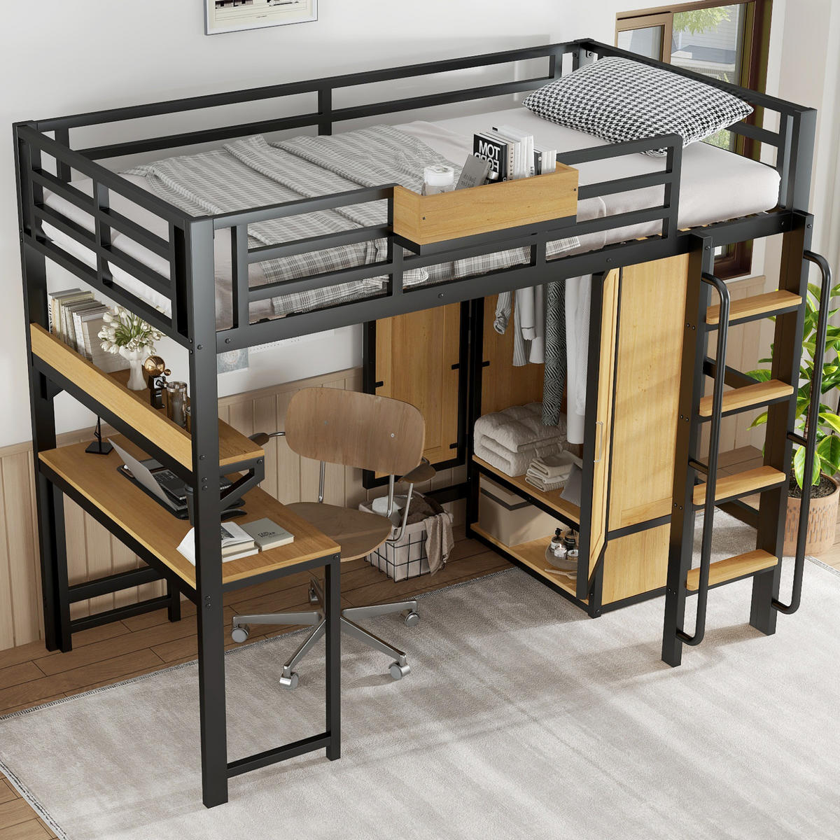 HOCHBETT 90/200 cm Schwarz/Natur aus Metall und Holzwerkstoff mit Kleiderschrank und Schreibtisch - Schwarz, Metall (90/200cm) - OKMYHOME