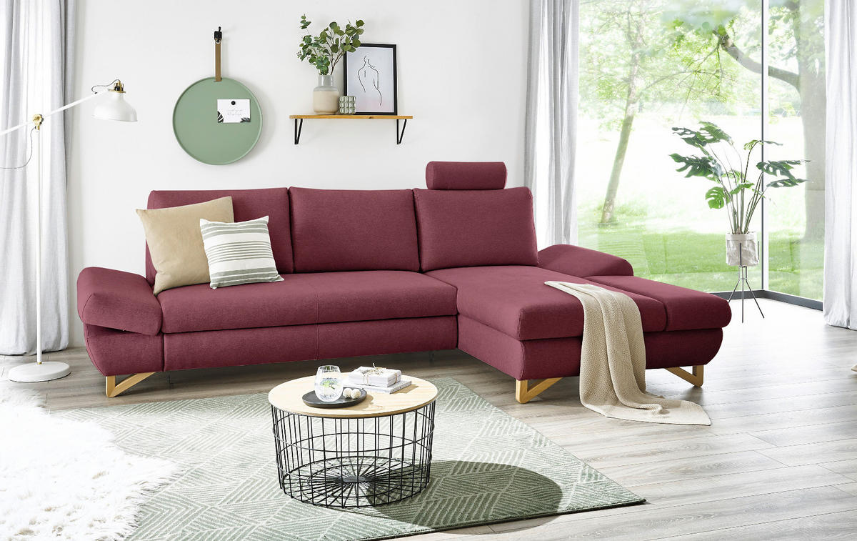ECKSOFA bordeaux Velours, Wohnzimmer Sofa - Bordeaux, Holz/Textil (284/166cm) - Furn.Design