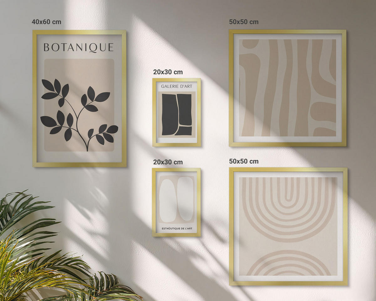 WANDBILDER 5er Set - 50x50 cm & 20x30 cm & 40x60 cm Goldrahmen - Boho-Pflanzenposter - Goldfarben, Kunststoff (40/60cm) - ArtPrintCave