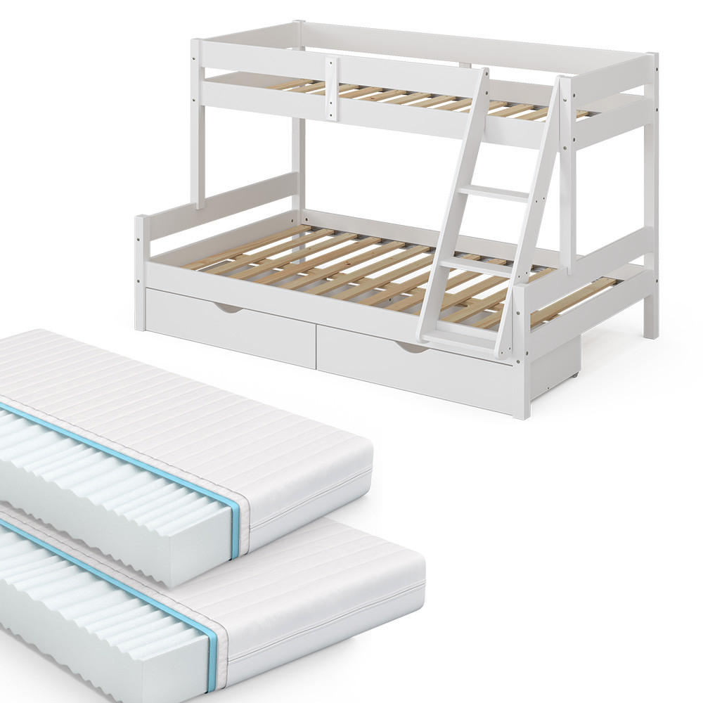 VitaliSpa PATROVÁ POSTEL Everest Bílá 120x200 / 80x200 cm se 2 matracemi a 2 zásuvkami