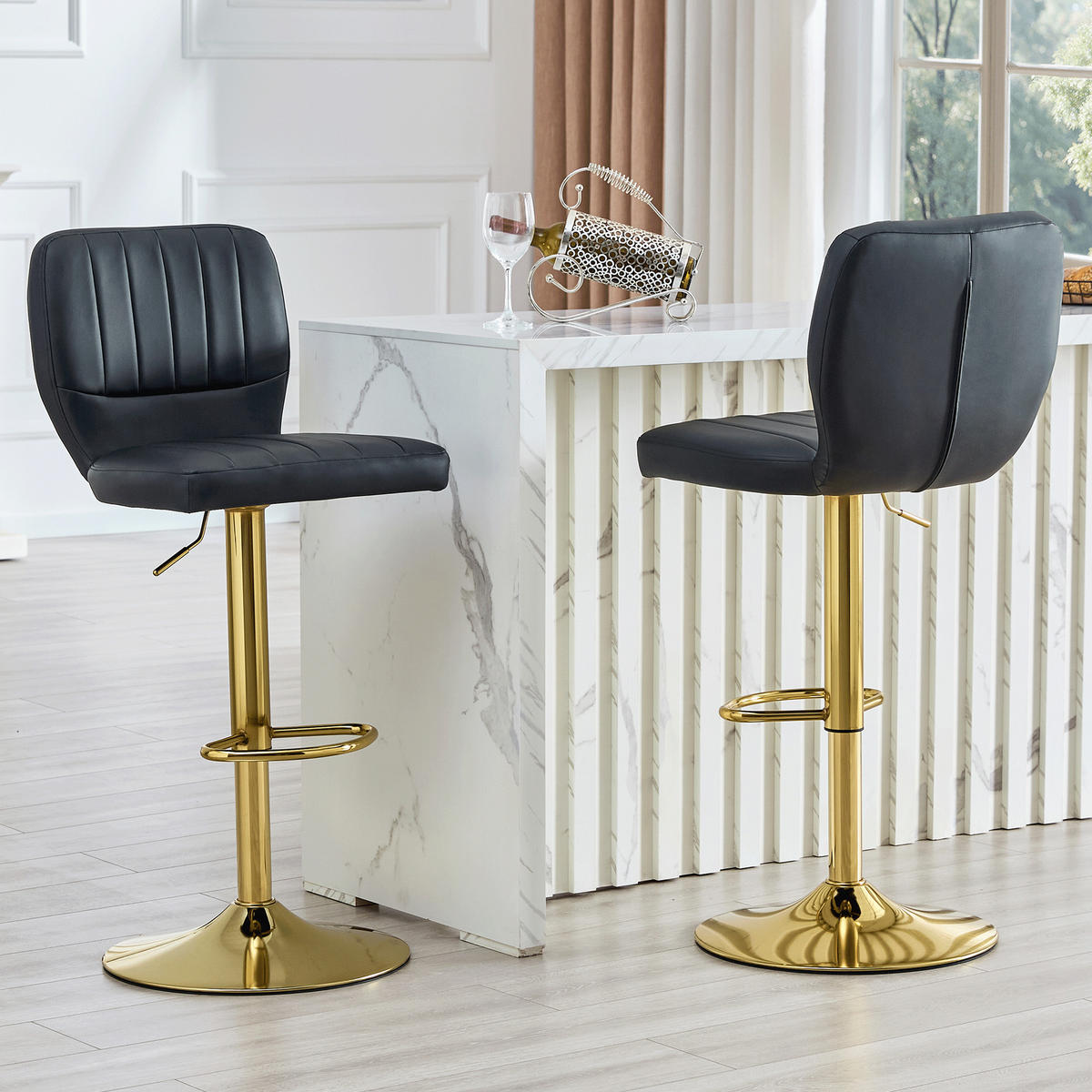 BARHOCKER 2er-Set Schwarz & Gold Höhenverstellbar 360° Drehbar mit Rückenlehne und Fußstütze - Goldfarben, Metall (52/93/45cm) - PANGIVO
