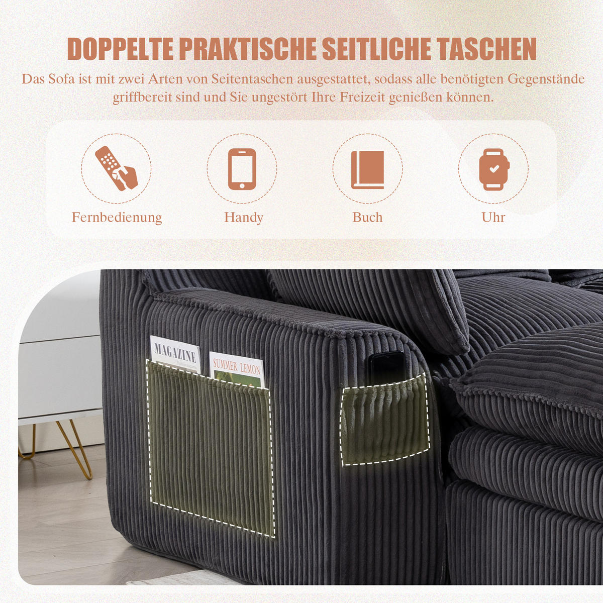 WOHNLANDSCHAFT Cord Dunkelgrau mit Kissen, Hocker und Seitentaschen - Dunkelgrau, Textil (335/85/167cm) - WISHDOR
