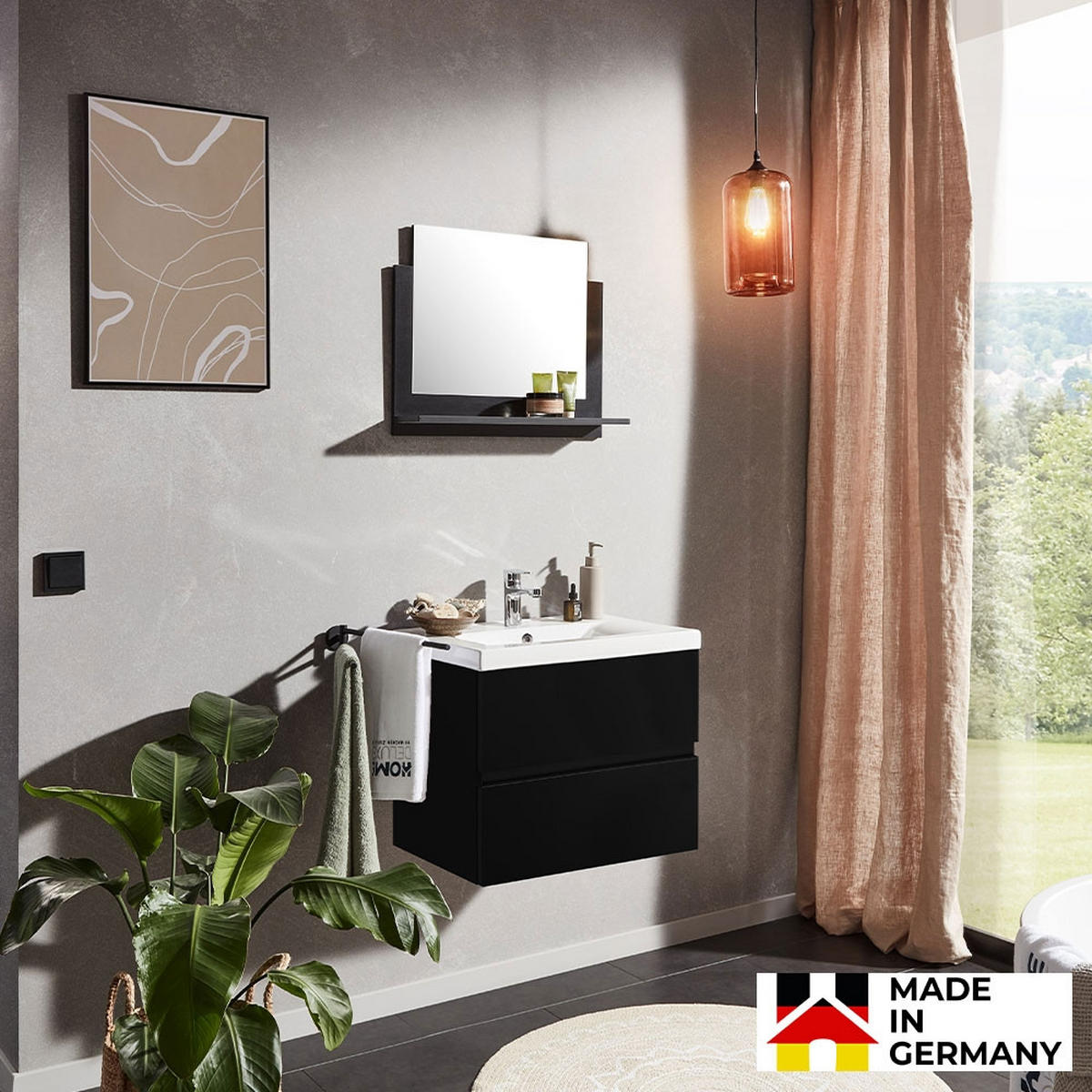 BADMÖBELSET WANGEROOGE DELUXE M - Schwarz, M - Schwarz, Holz/Keramik (50/2/60cm) - Home Deluxe