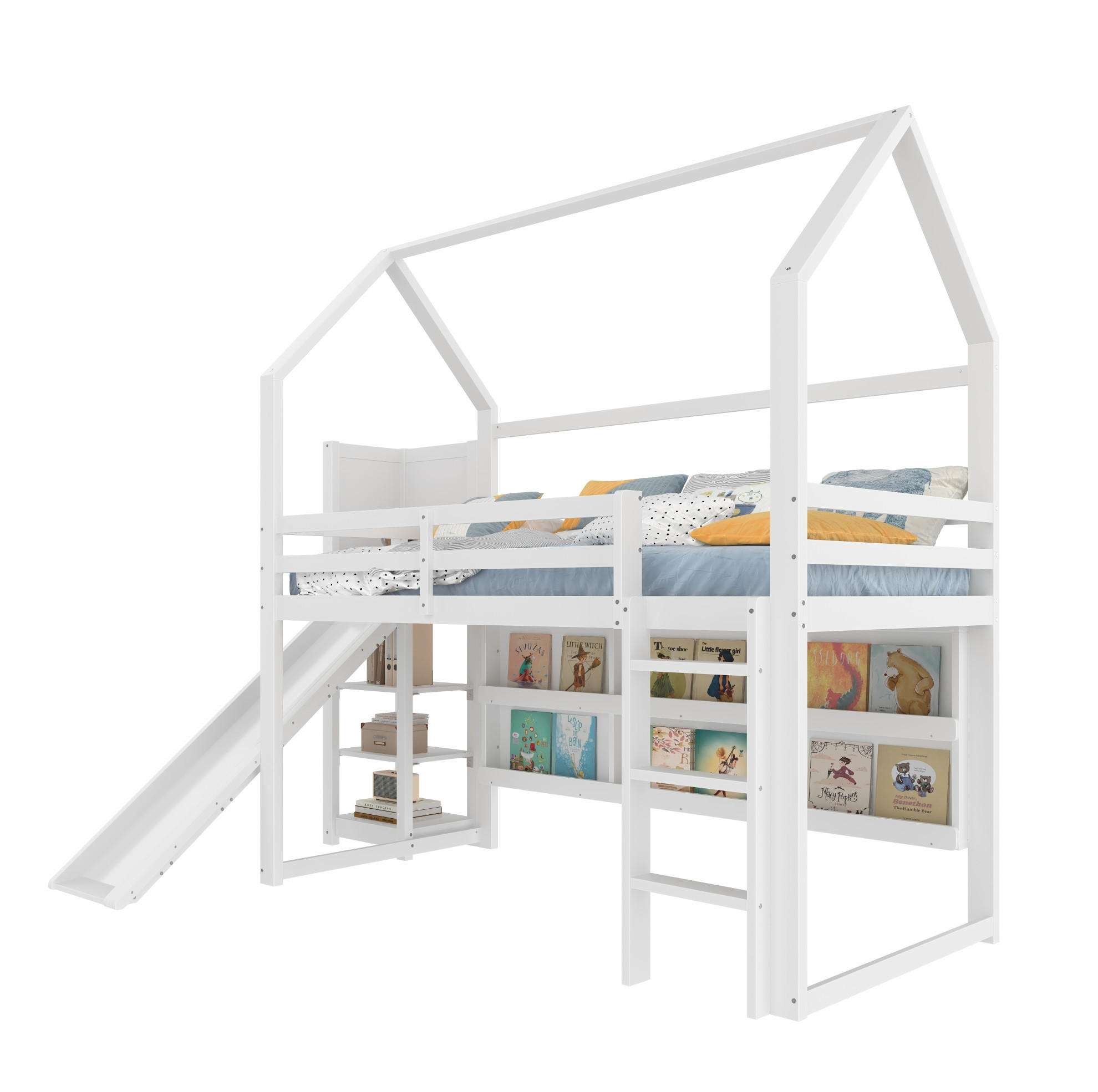 HOCHBETT 90/200 cm mit LED-Beleuchtung, Rutsche, Regalen und Rolltreppe aus Kiefernholz, Weiß - Weiß, Holz (90/200cm) - Redom