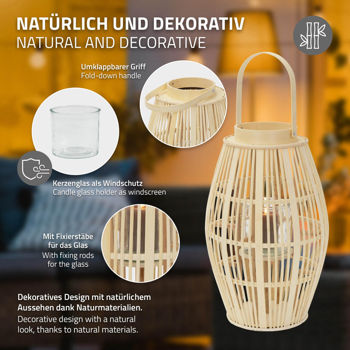 BAMBUSOVÁ LUCERNA V: 63 cm, barva dřeva, styl boho - přírodní, dřevo (28/46/28cm) - ECD-Germany