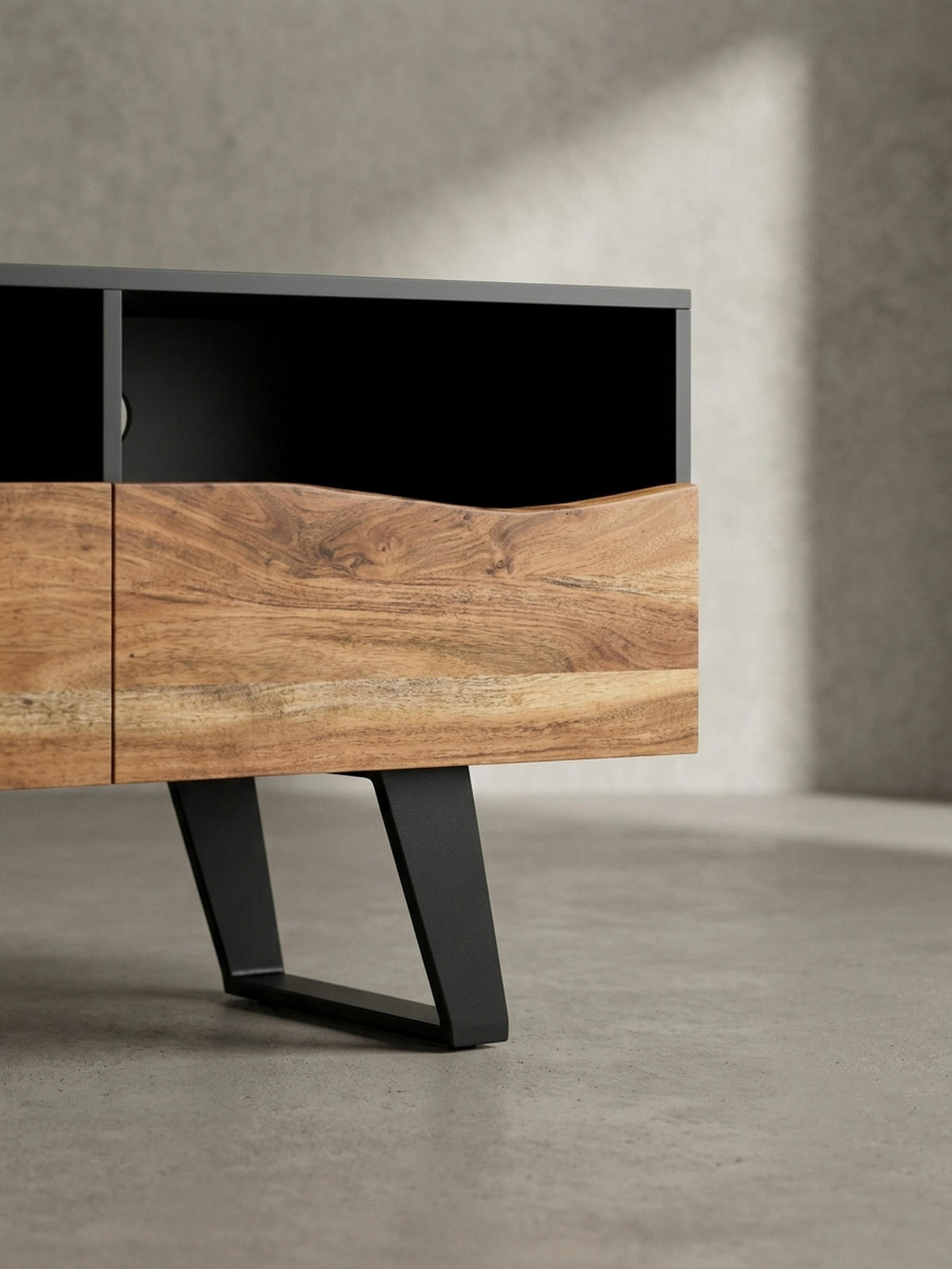 LOWBOARD Akazie Massivholz Modern Stil 140x50x40 cm Baumkante mit Schublade und Türen - Schwarz, Holz/Metall (140/50/40cm) - KADIMA DESIGN
