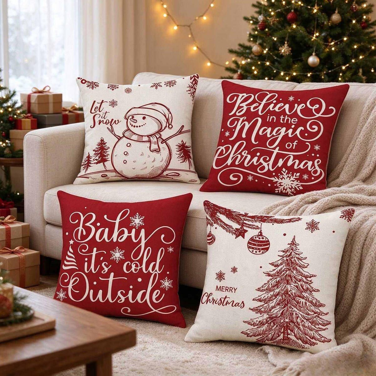 KISSENBEZUG – Weihnachtskissenbezug (Kissenfüllung nicht enthalten) – 45 x 45 cm – Multicolor(vier Stück) - Multicolor, Textil (45/45cm)