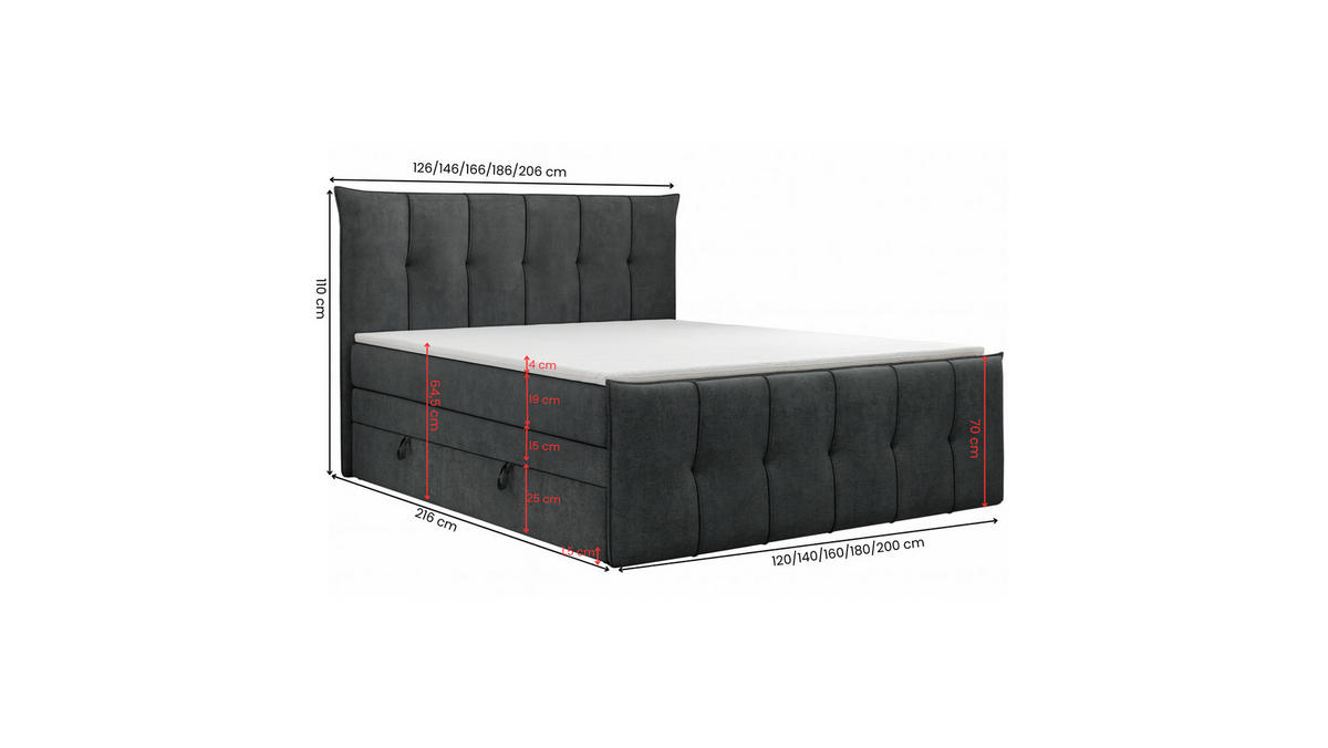 BOXSPRINGBETT SUPREME mit Topper und Bettkasten, Anthrazit, 200x200 cm - Anthrazit, Textil (200/200cm) - KS Home Concept