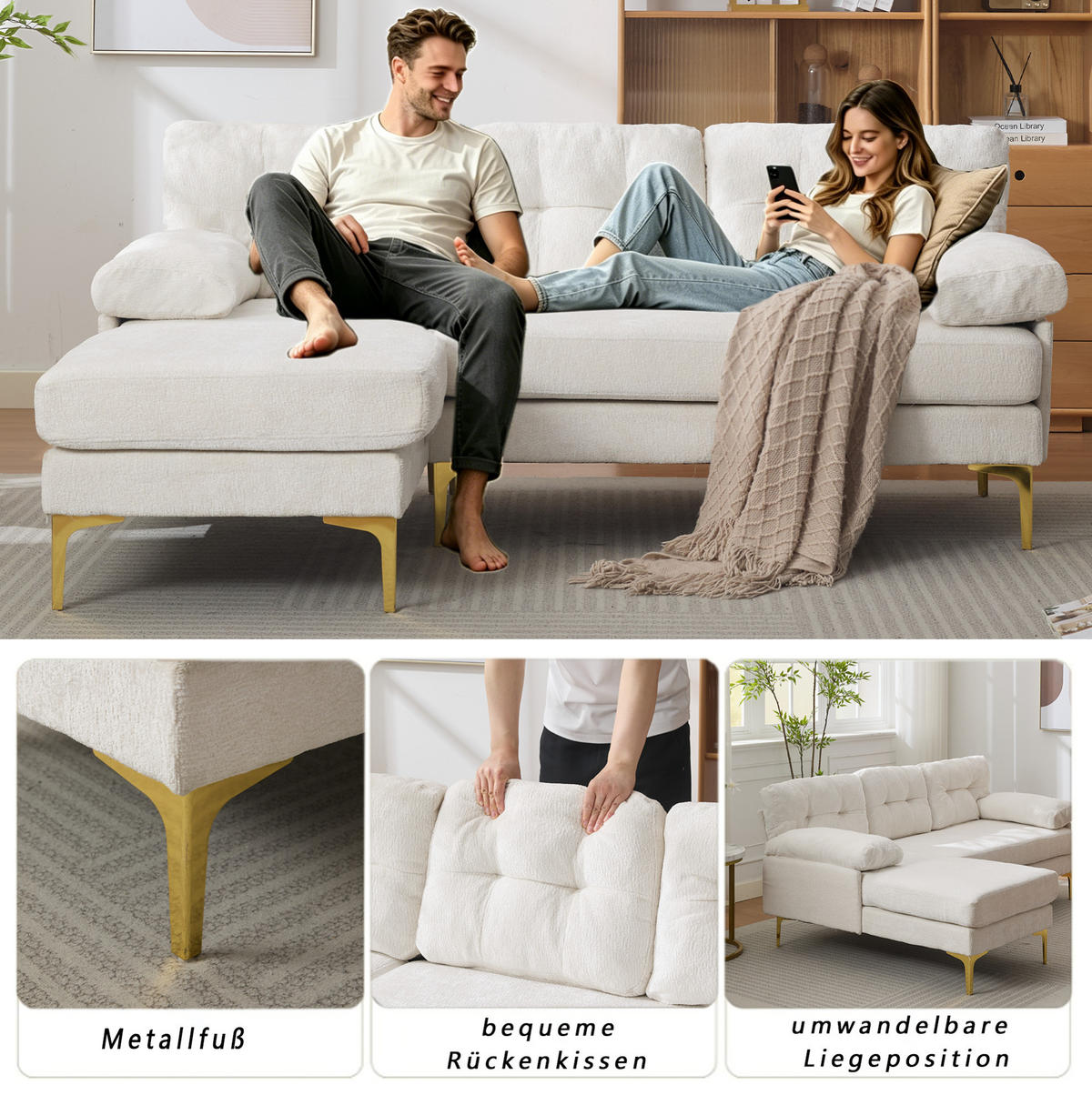 ECKSOFA 187,5/130/79 cm beige aus Holz mit wechselbarer Liegeseite - Beige, Holz (130/187.5cm) - OKWISH