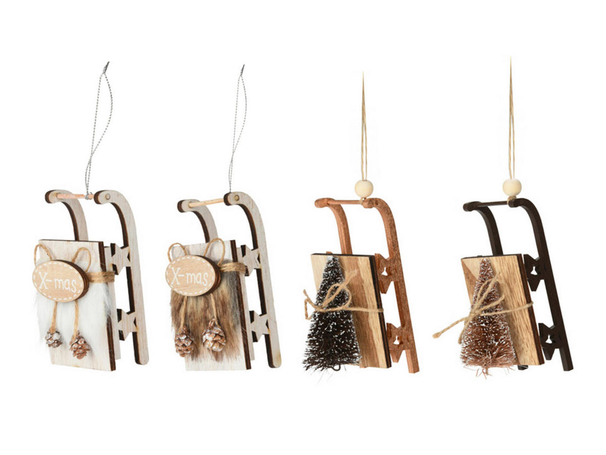 LAALU CHRISTBAUMKUGEL-SET 4 Ornamenten: Ornamente Schlitten Mix 11,5 cm - Schwarz/Braun, Holzwerkstoff (20/10/30cm) - LAALU