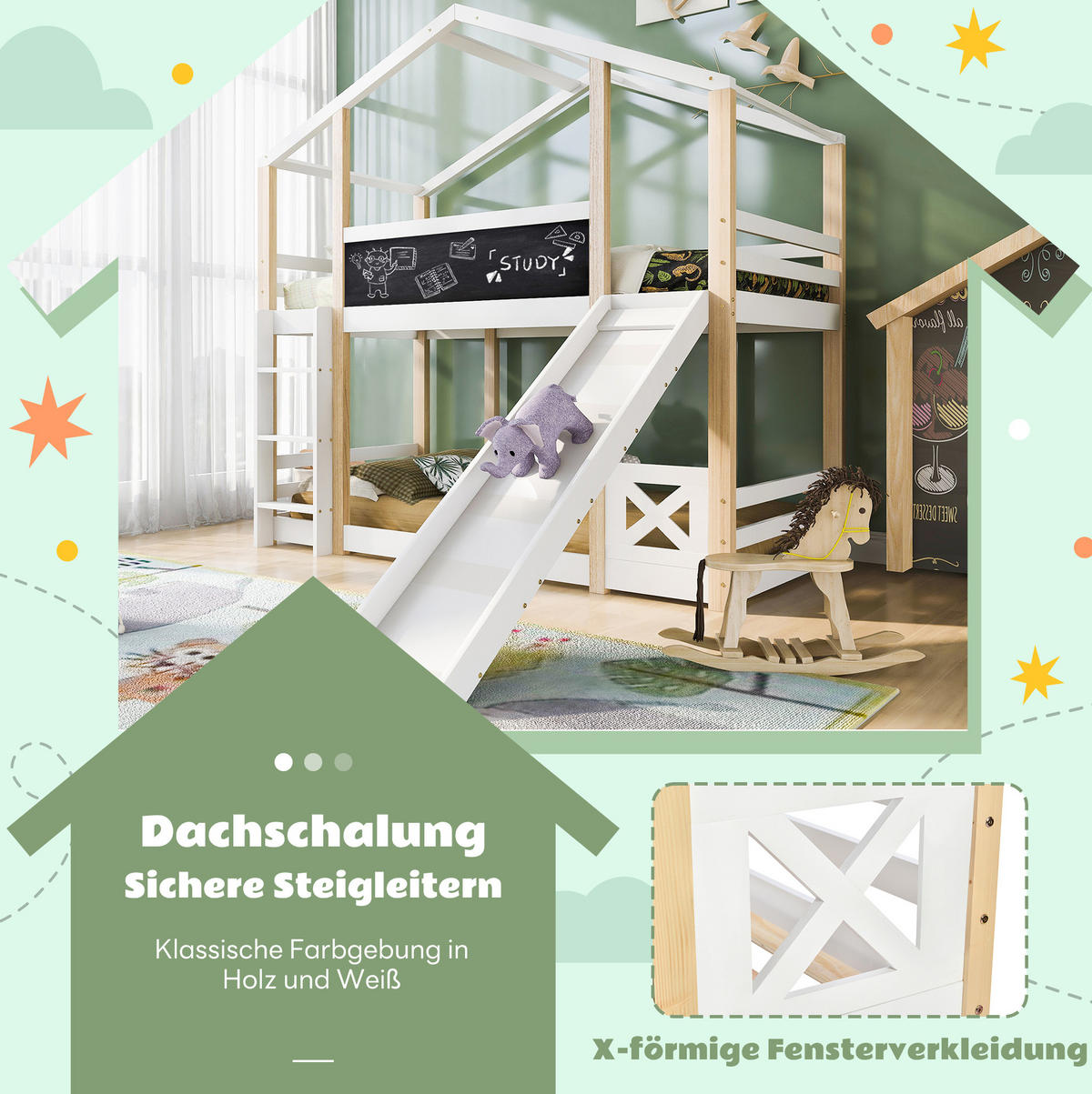 ETAGENBETT 90/200 cm mit Rutsche, Leiter, Tafel und Dachform aus Massivholz, Weiß - Weiß, Holz (90/90cm) - Redom