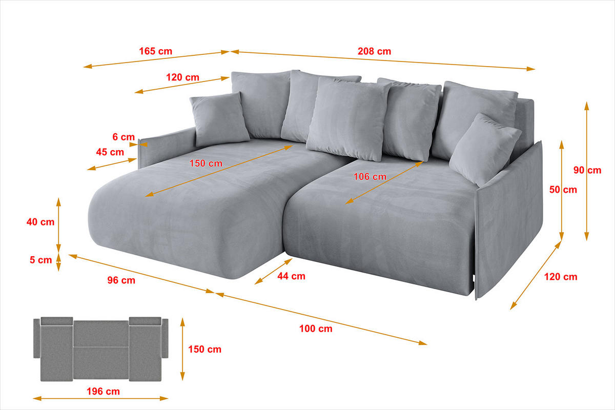ECKSOFA mit Schlaffunktion und Bettkasten ONESK-L -v1 208x165x40 Hellgrau Velours - Hellgrau, Holzwerkstoff/Kunststoff (208/165cm) - ALTDECOR