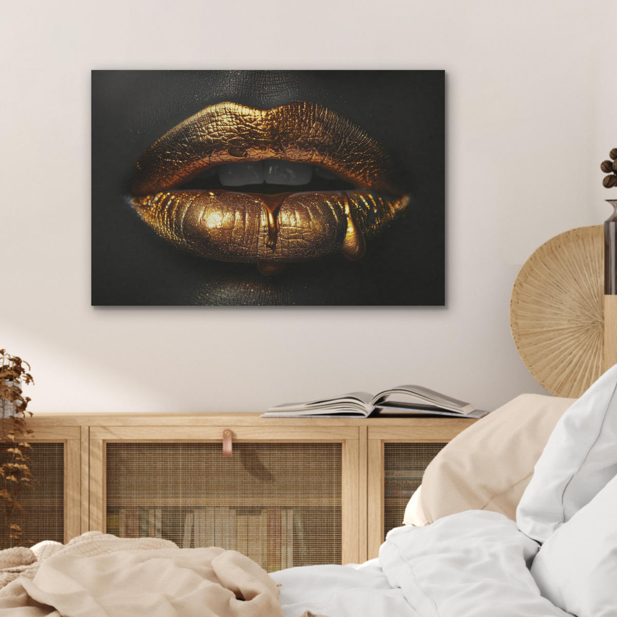 AKUSTIKBILD Frau - Porträt - Lippen - Gold - Schwarz Wanddeko 70x50 cm - Schwarz, Kunststoff (70/50/0.9cm) - MuchoWow