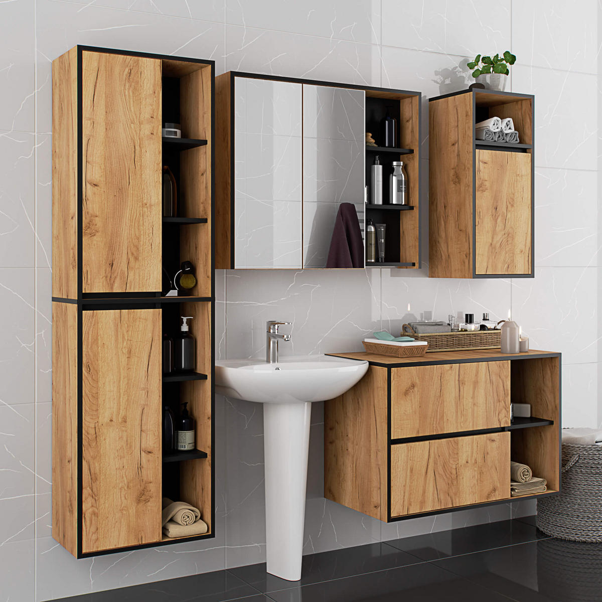 BAD HOCHSCHRANK Vami Craft-Eichenfarben, Schwarz - Eichefarben/Schwarz, Holzwerkstoff (50/170/30cm) - Akord