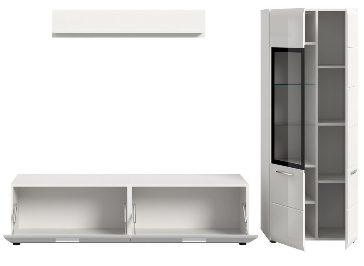 WOHNWAND weiß Hochglanz 3-teilig 235 cm, Schrankwand modernes Design - Weiß Hochglanz/Silberfarben, Glas/Holzwerkstoff (235/160/41cm) - Inn.Furn