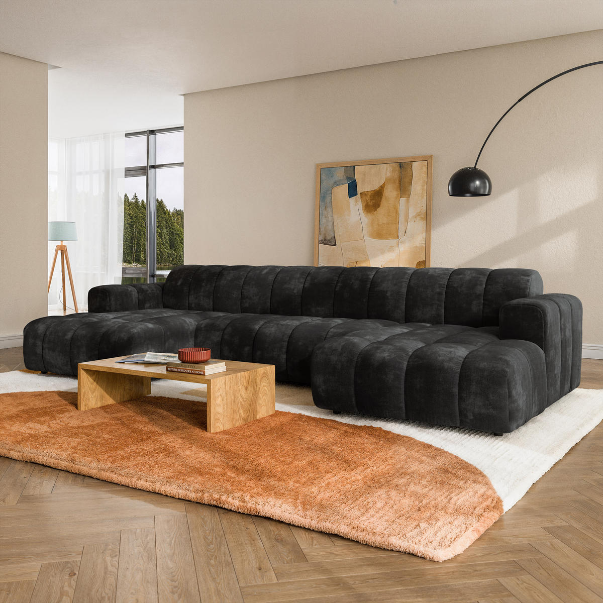 WOHNLANDSCHAFT AENIS Schwarz Chenille - Schwarz, Holz (398/85/165cm) - MASSENO