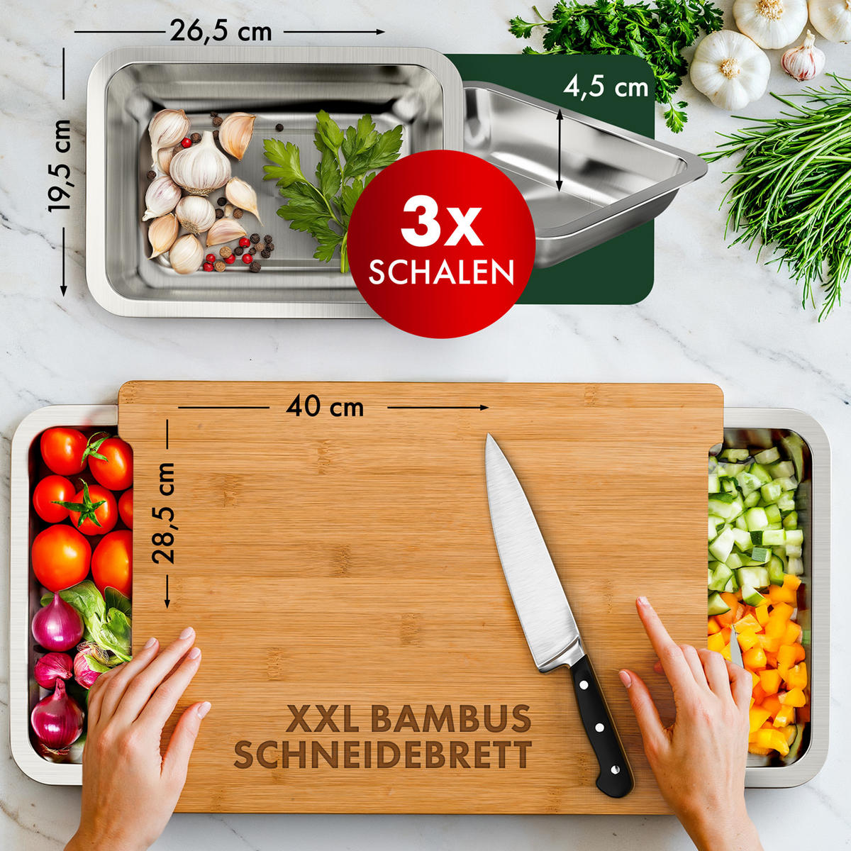 SCHNEIDEBRETT mit 3 Auffangschalen - Naturfarben, Holz (28.5/40cm) - Blumtal