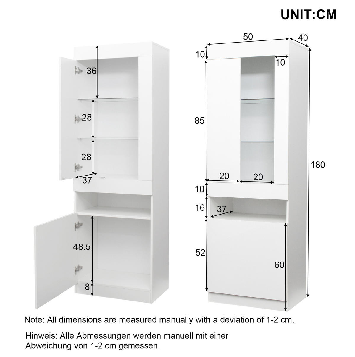 VITRINE 50/40/180 cm aus Spanplatte mit LED-Beleuchtung Weiß - Weiß, Holzwerkstoff (40/180/50cm) - Modenvie