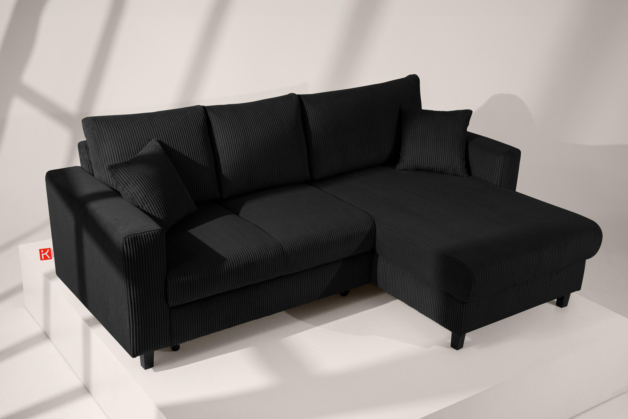 Thumbnail - Konsimo® Eckschlafsofa, Schwarz, Textil, L-Form,L-Form, 234x90 cm, Hergestellt in Europa, Wohnzimmer, Sofas & Couches, W...
