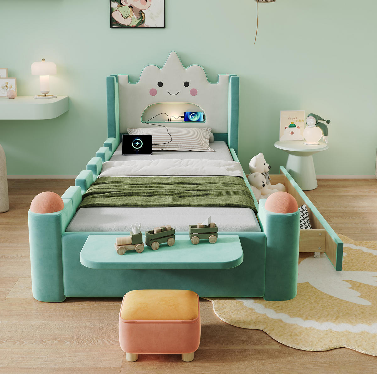 KINDERPOLSTERBETT 90x200 cm in Blaugrün mit LED-Leselampe, USB und Schublade - Blau, Textil (90/200cm) - IVMEU