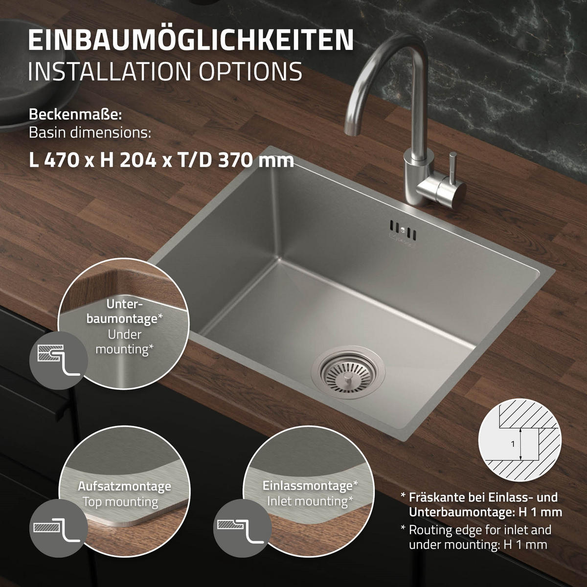 SPÜLBECKEN Edelstahl 50/40cm - Silberfarben, Metall (40/20.4/50cm) - ML-DESIGN