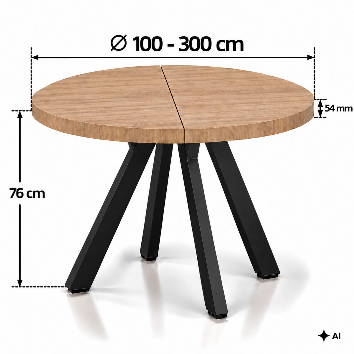 ESSTISCH rund ausziehbar 100/300/76 cm, Hellbraun Eiche Hikora Egger, 54 cm Tischplatte + Y Metallgestell Schwarz - Hellbraun/Eichefarben, Holzwerkstoff/Metall (100/300/76cm) - Damale Möbel