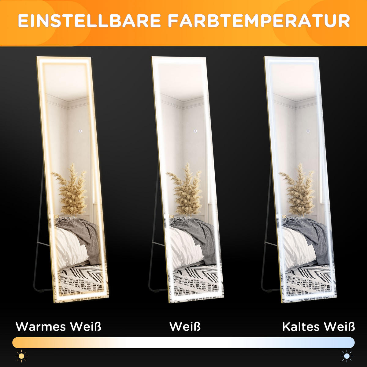 2 in 1 Standspiegel, Wandspiegel, Ganzkörperspiegel mit LED, Ankleidespiegel - Silberfarben, Glas (37/156.5/40cm) - HOMCOM