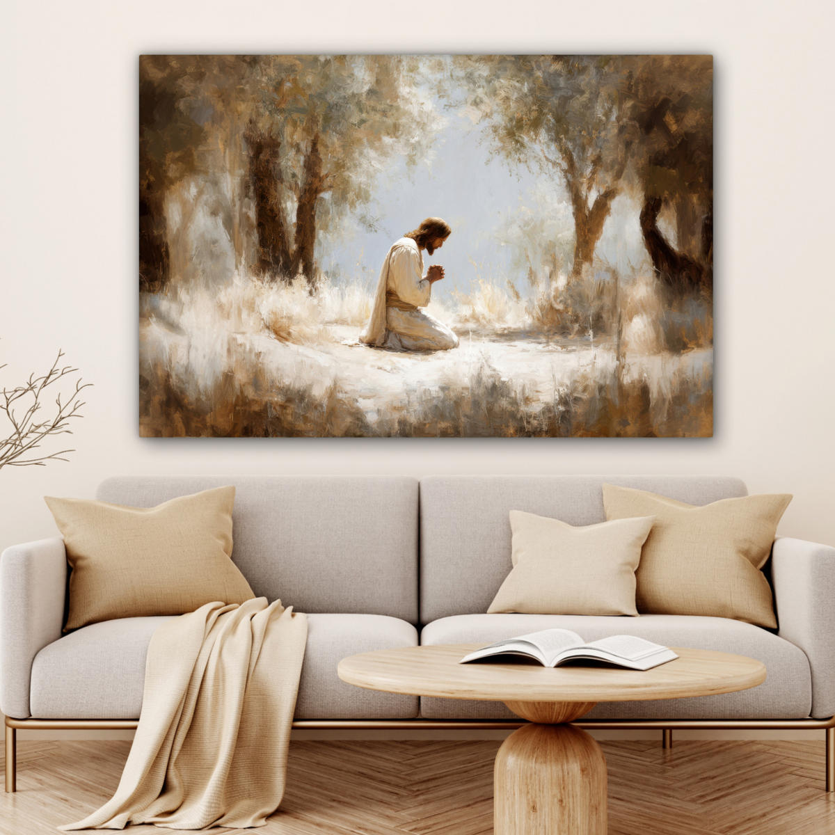 LEINWANDBILD Jesus - Kniend - Waldlandschaft - Betend Wohnzimmer Groß 120x80 cm - Beige/Hellblau, Textil (120/80cm) - MuchoWow