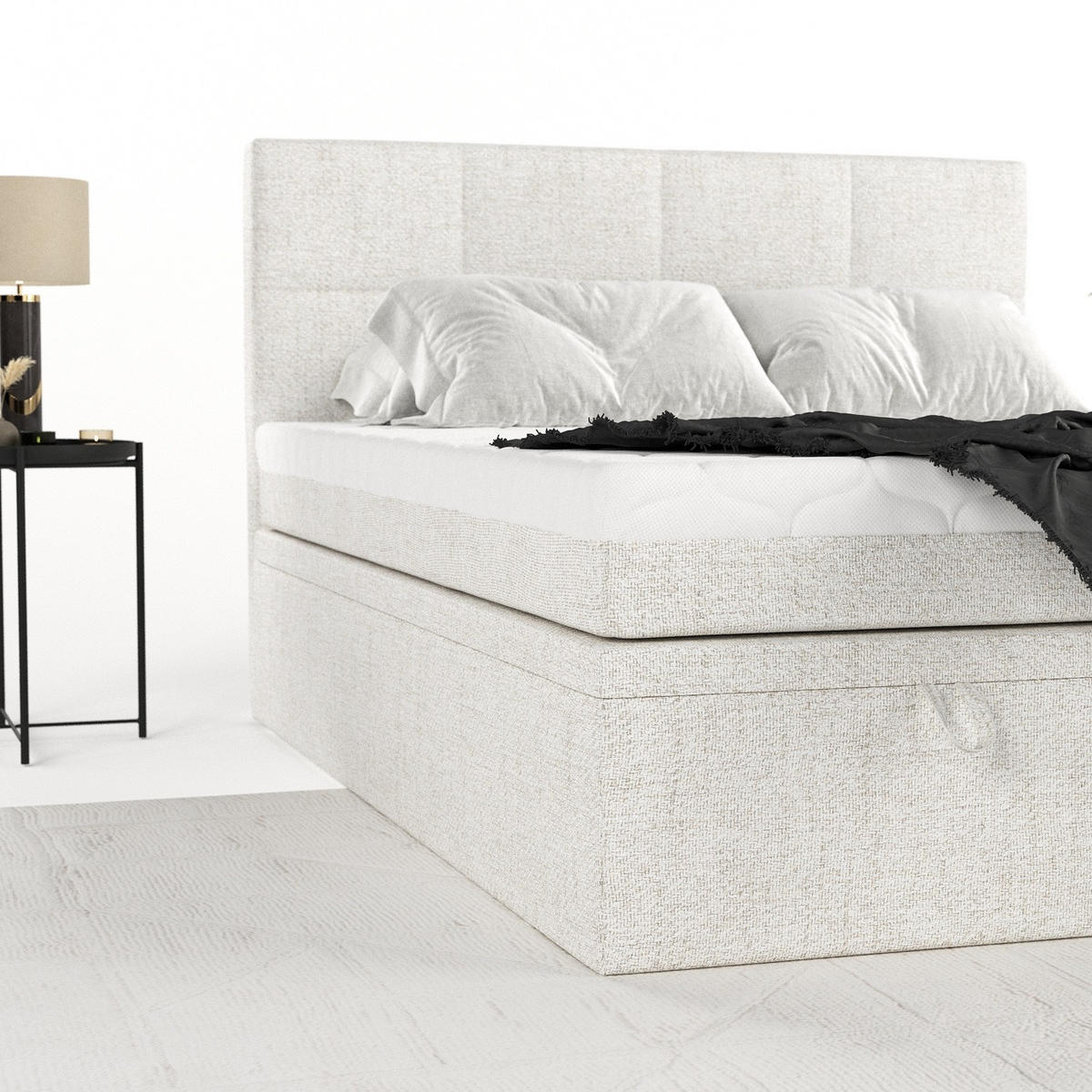 BOXBETT Tessa 140/200 cm Creme im Neve Stoff - Creme/Schwarz, Holz/Holzwerkstoff (140/200cm) - AltaBeds