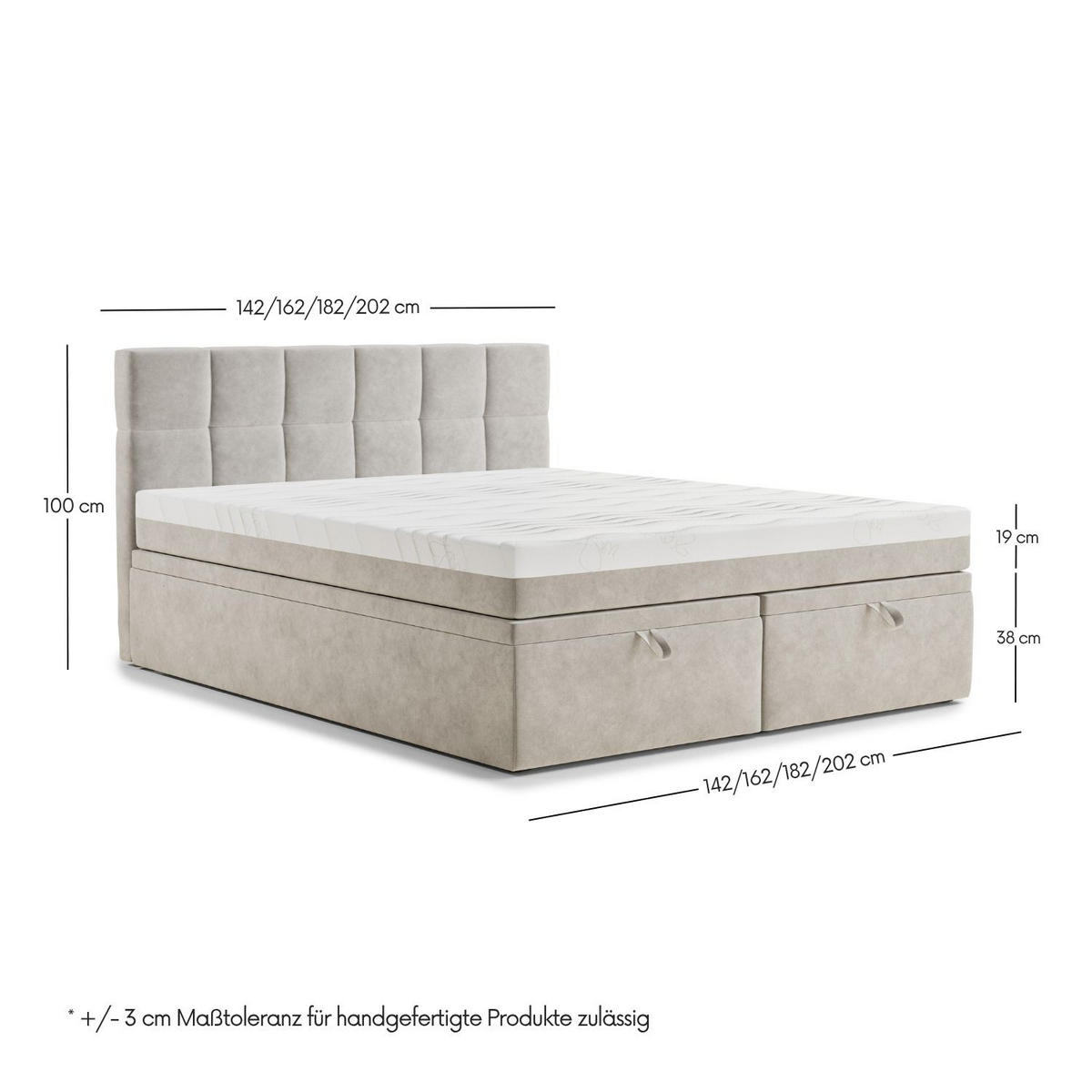 BOXBETT 140/200 cm Gotu S, in Hellgrau, Matratze, gepolstertes Kopfteil, Bettkasten, H3 = fest - Hellgrau/Schwarz, Holz/Holzwerkstoff (140/200cm) - Maison de Reve