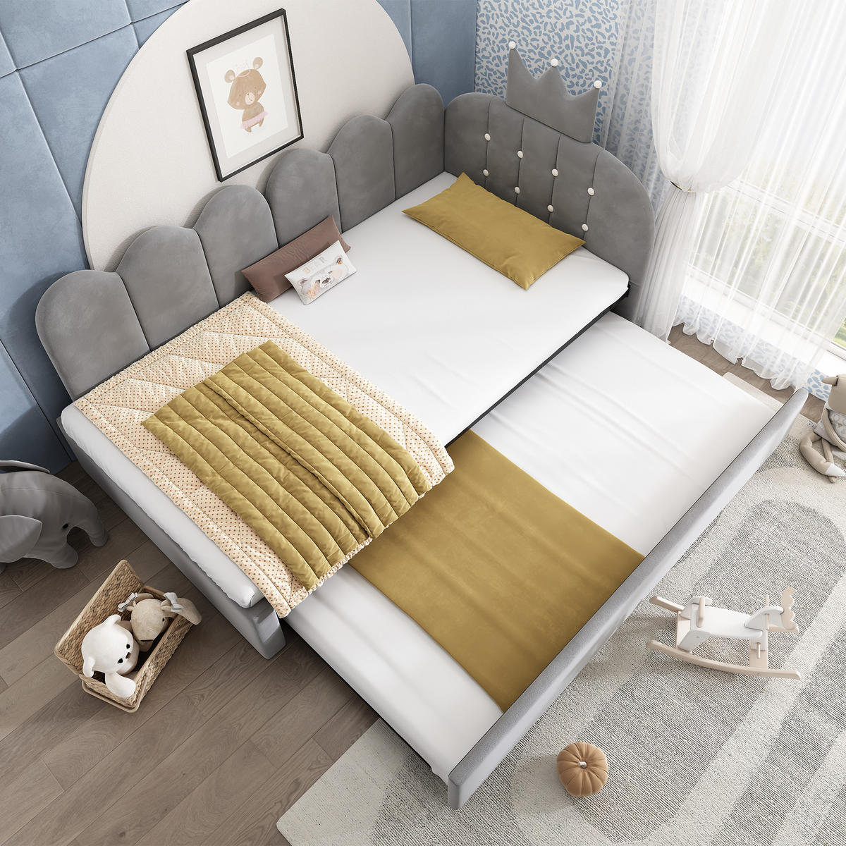 BETT 90/200 cm & 90/190 cm in Grau Samt mit Ausziehbett - Grau, Holzwerkstoff/Textil (90/200cm) - WISHDOR