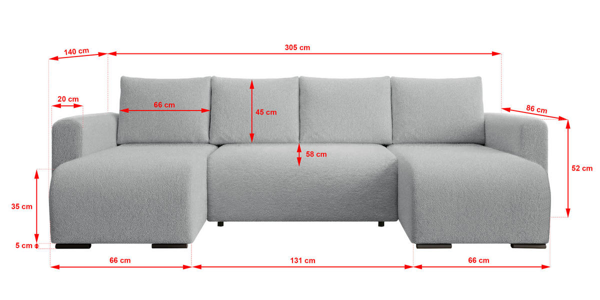 WOHNLANDSCHAFT DORA U mit Bettkasten und Schlaffunktion, U-Form, bequem - Grau, Textil (305/85/140cm) - Storez24