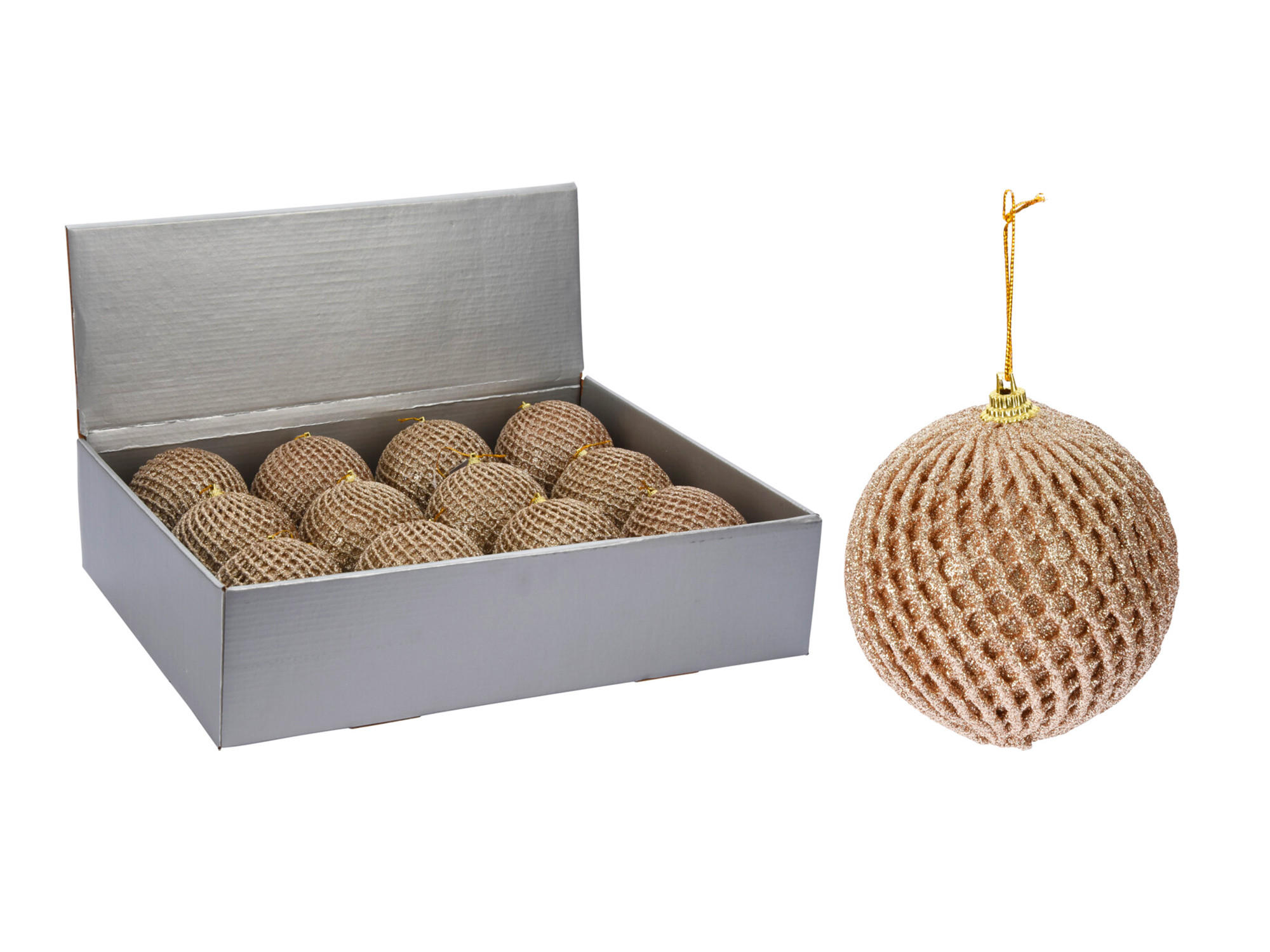 LAALU CHRISTBAUMKUGEL-SET 12 Ornamenten: Champagner-Netz-Ornamente 10 cm - Champagner, Kunststoff (40/15/55cm) - LAALU