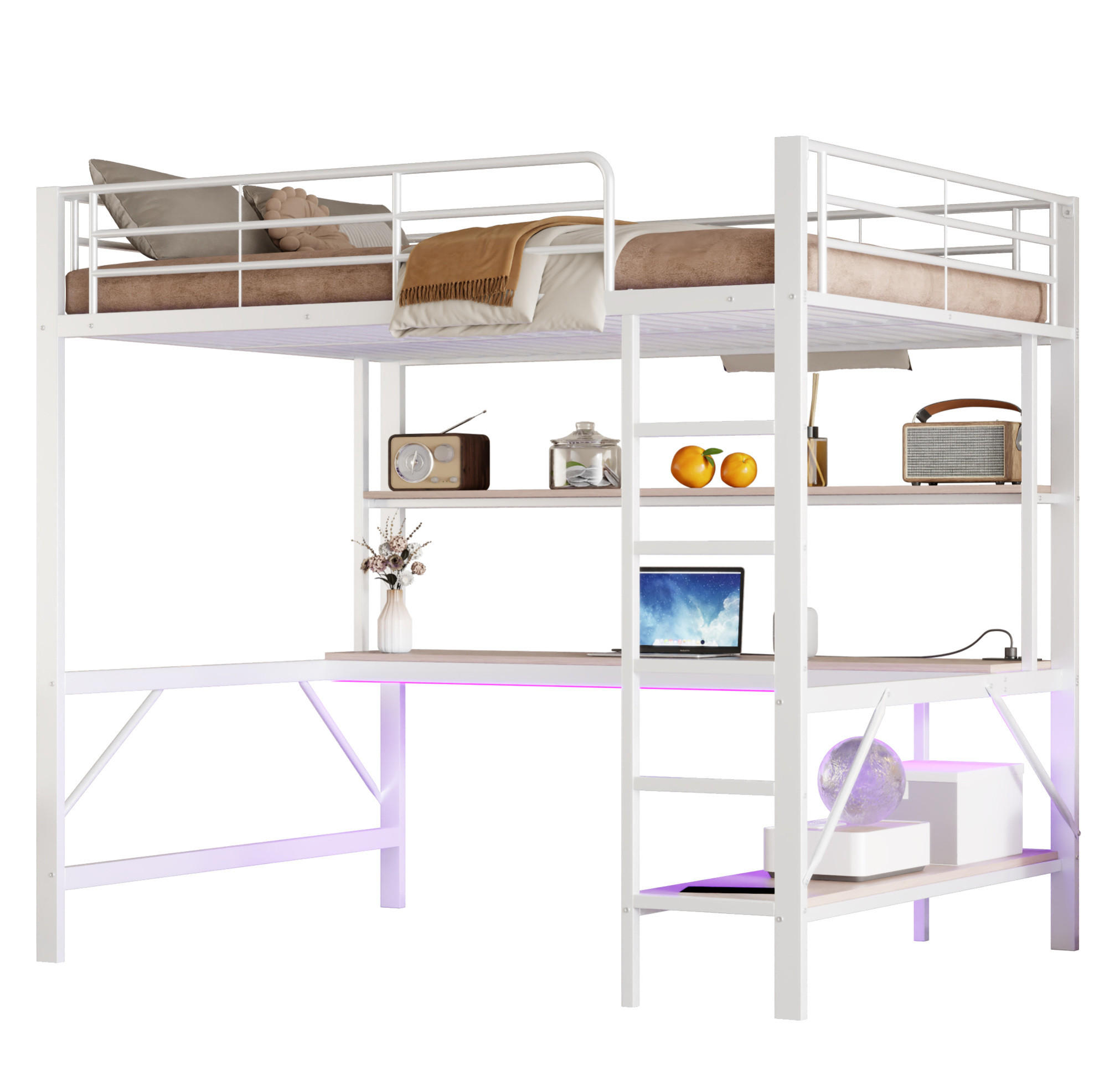 HOCHBETT 140/200 cm aus Metall mit Schreibtisch, Regal und LED-Beleuchtung Weiß - Weiß, Metall (140/200cm) - Modenvie