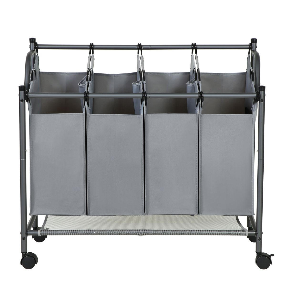 WÄSCHESAMMLER mit 4 abnehmbaren Taschen Grau auf Rollen - L87,5 cm - Grau, Metall (81/38.5/87.5cm) - Calicosy