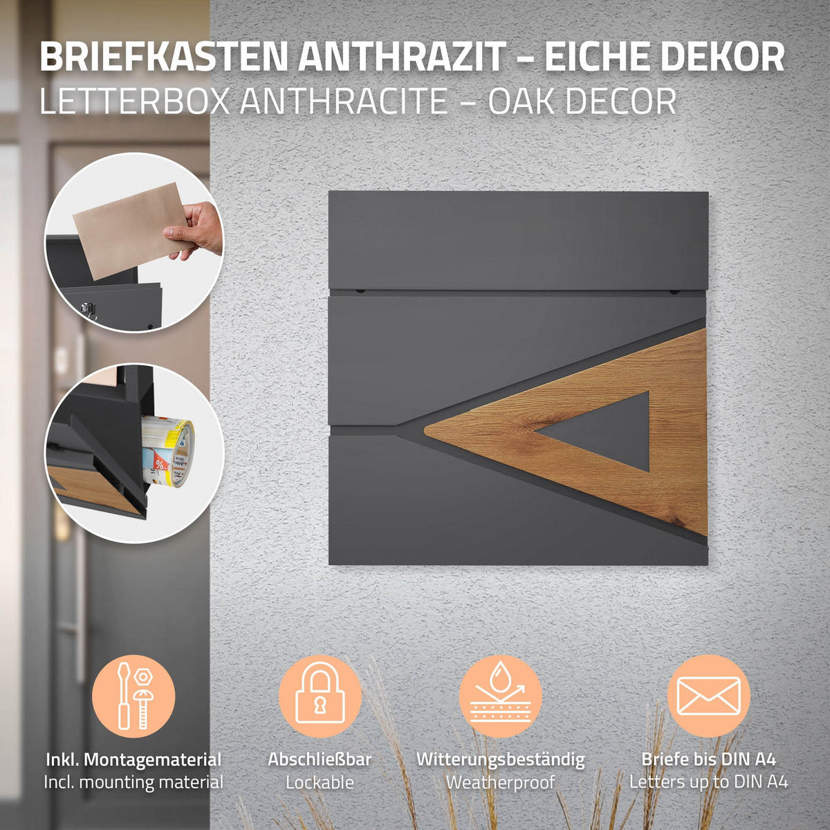 BRIEFKASTEN Anthrazit-Holzoptik mit bepflanzbarem Ständer - Anthrazit/Braun, Metall (120cm) - ML-DESIGN