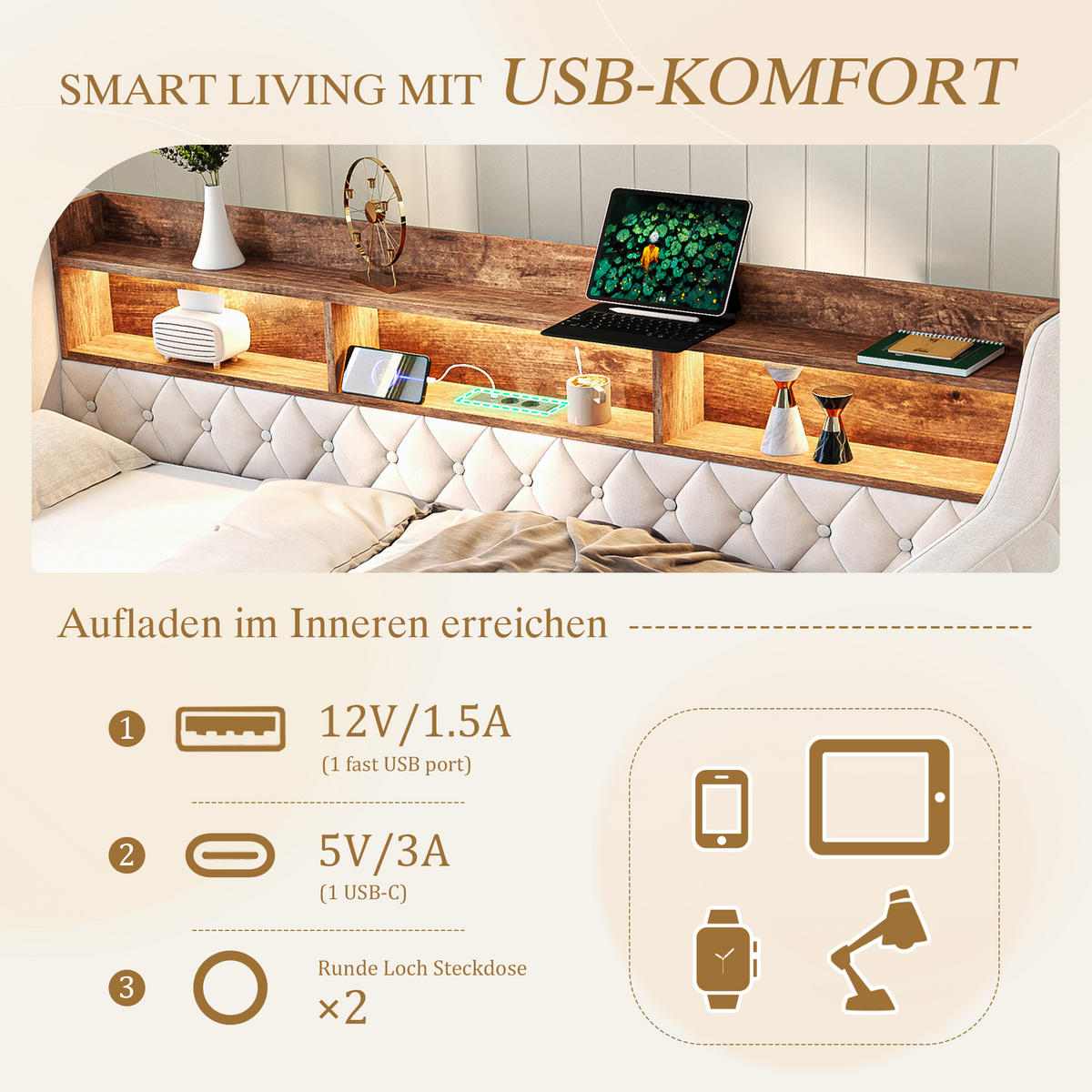 AUSZIEHBETT 90/190 cm DE-03614, mit Stauraum, LED und stabilem Metall-Holz-Rahmen, in Beige - Beige, Metall (90/190cm) - ComfortXL