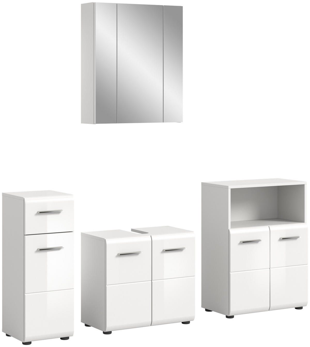 BADMÖBEL-SET weiß Hochglanz, Badkombination 4-teilig 180 cm - Weiß Hochglanz/Silberfarben, Glas/Holzwerkstoff (180/185/30cm) - Inn.Furn