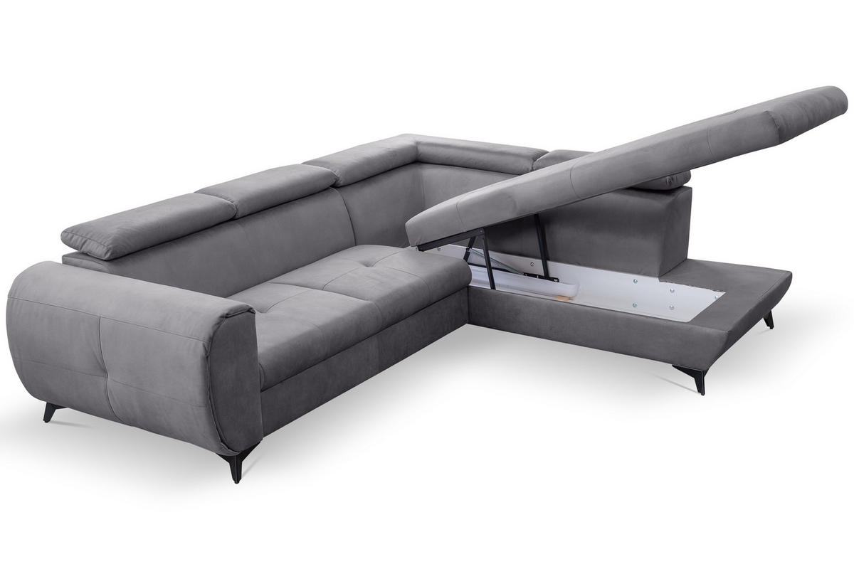 ECKSOFA MAGIA R-S Grau Plüsch-Stoff mit Schlaffunktion - Grau, Holz (260/217cm) - MASSENO