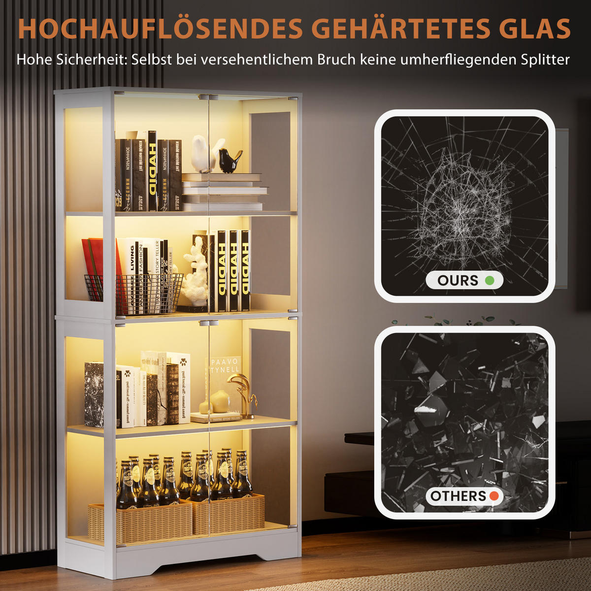 GLASVITRINE aus MDF und Glas 35x80x165 cm Weiß mit LED-Beleuchtung und Bewegungssensor - Weiß, Holzwerkstoff (80/165/35cm) - IVMEU